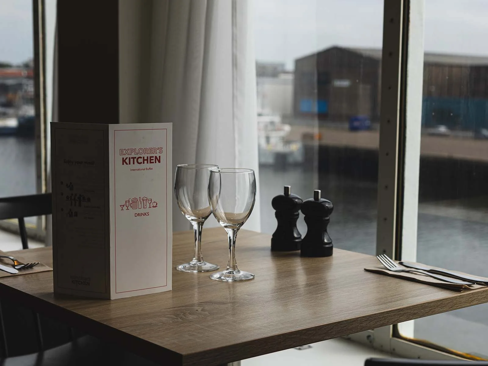 A window table in the buffet restaurant, moored at IJmuiden